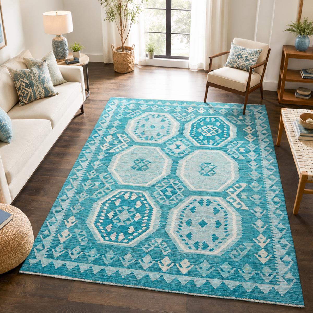 Tapis kilim, motif géométrique authentique, tissage plat en laine