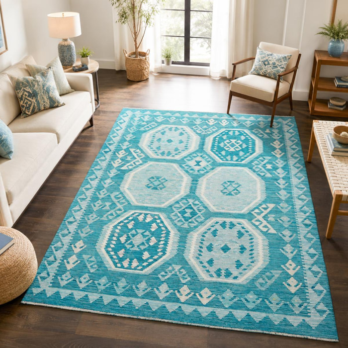 Tapis kilim, motif géométrique authentique, tissage plat en laine