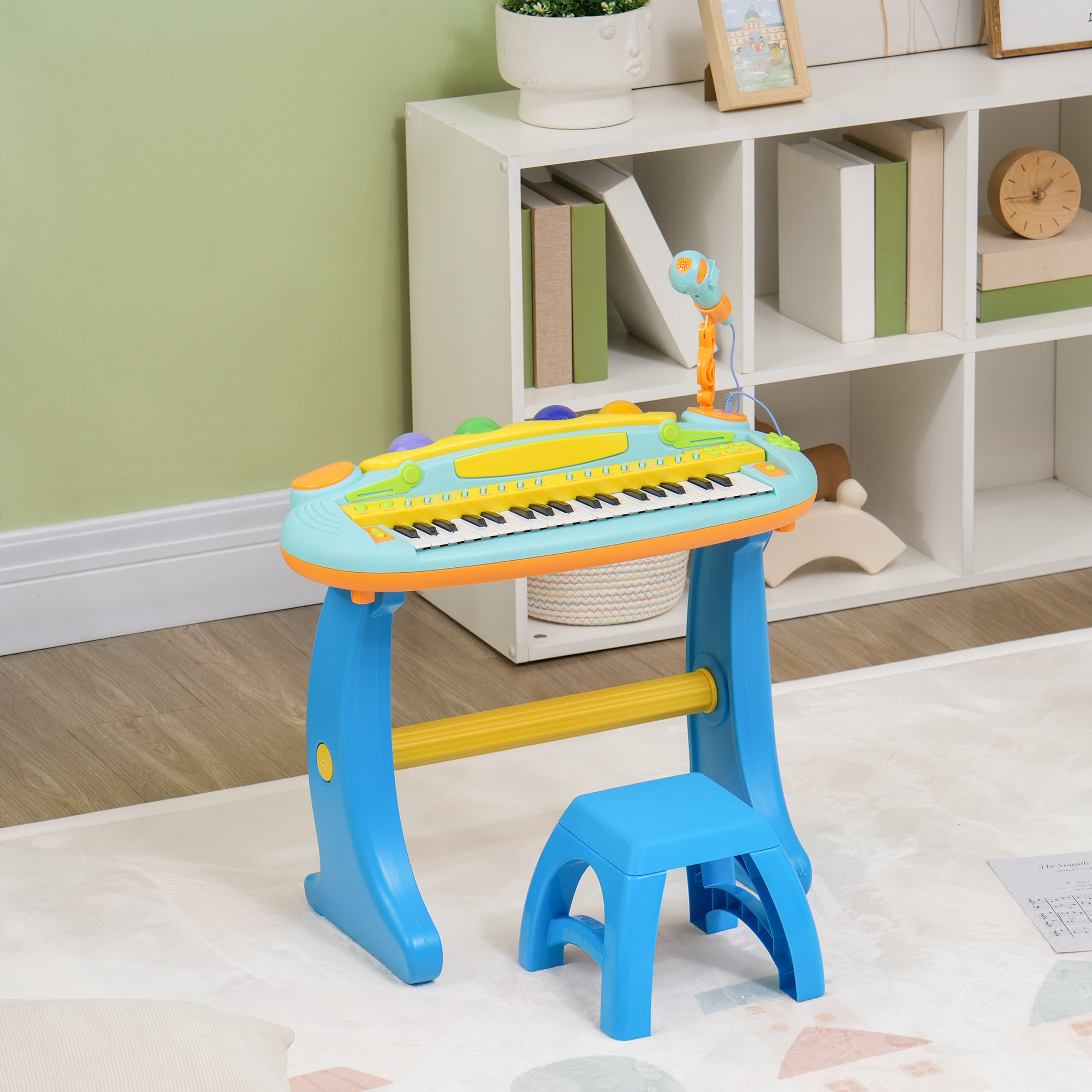 Clavier musical pour enfant - piano enfant avec tabouret et micro - 37 touches, 22 chansons, 8 instruments et rythmes - jaune bleu