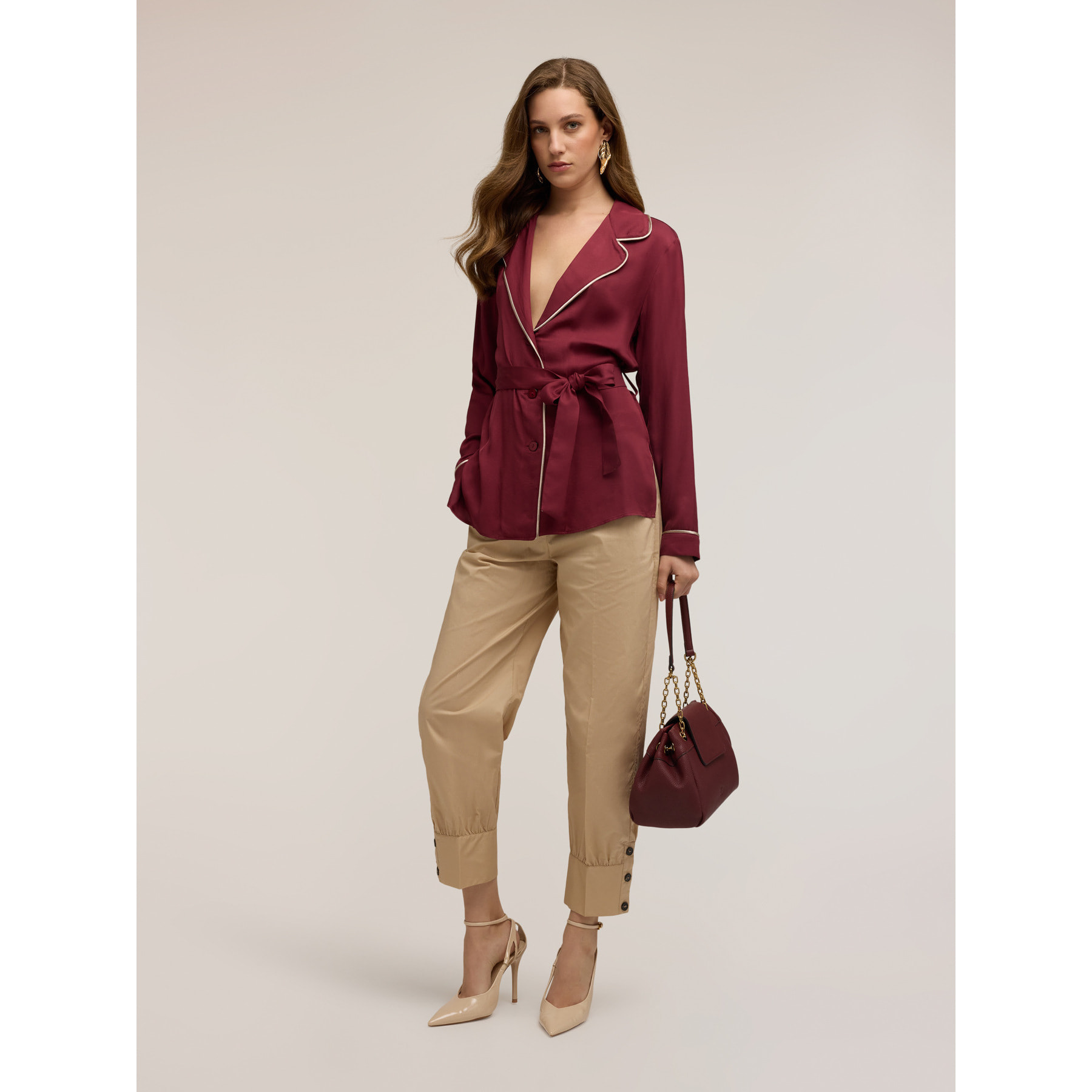 Motivi - Camicia in twill di viscosa con profili a contrasto - Bordeaux