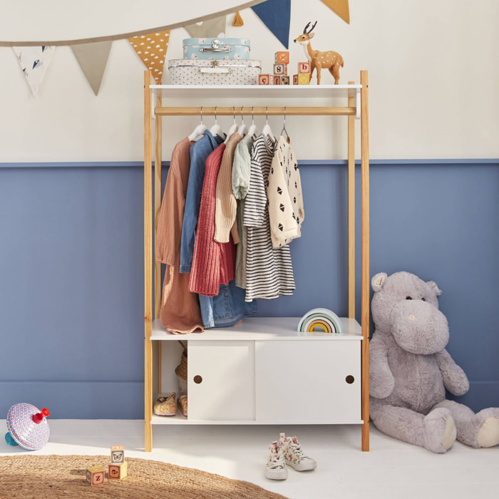 Penderie pour enfants - TOBIAS - deux portes coulissantes et portant bois massif en pin naturel blanc.  80X40X136.5CM