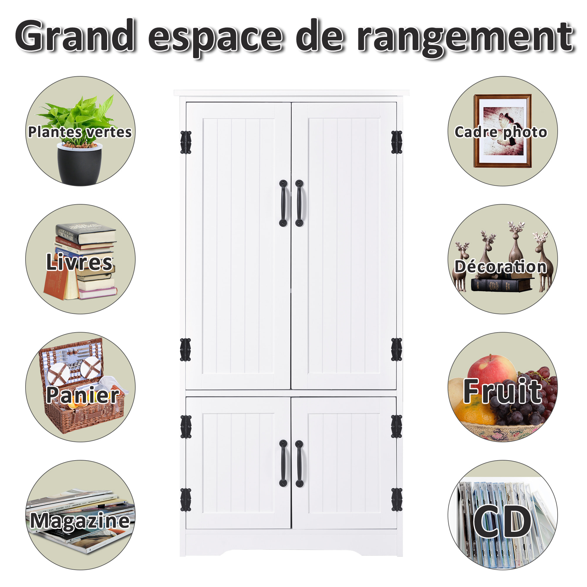 Armoire de cuisine contemporaine multi-rangements 2 placards 3 étagères MDF panneaux particules blanc