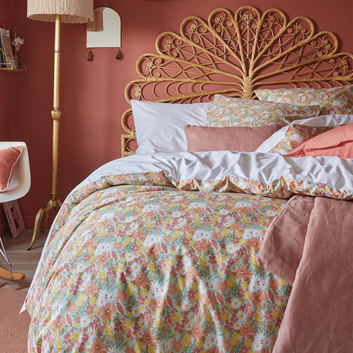 Taie d'oreiller imprimée en percale de coton, LOVE BIRDS, Multicolore