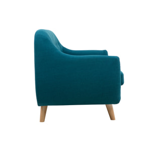 Canapé scandinave déhoussable 2 places en tissu bleu canard et bois clair YNOK