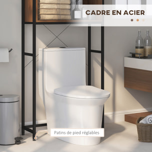 Meuble WC meuble dessus toilettes style industriel 2 portes avec étagère niche acier noir aspect noyer