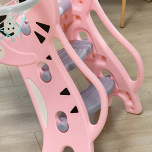 Tobogán Infantil 3 en 1 Tobogán para Niños de 18 a 36 Meses con 2 Escaleras 1 Canasta de Baloncesto y Patrón de Animal para Interior 133x60x70 cm Rosa y Gris