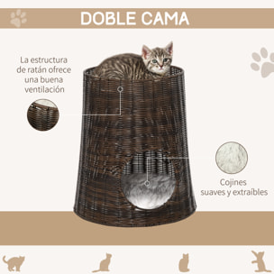 Cesta de Ratán para Gatos de 2 Niveles con Cojines Lavables Ø45x50 cm Marrón