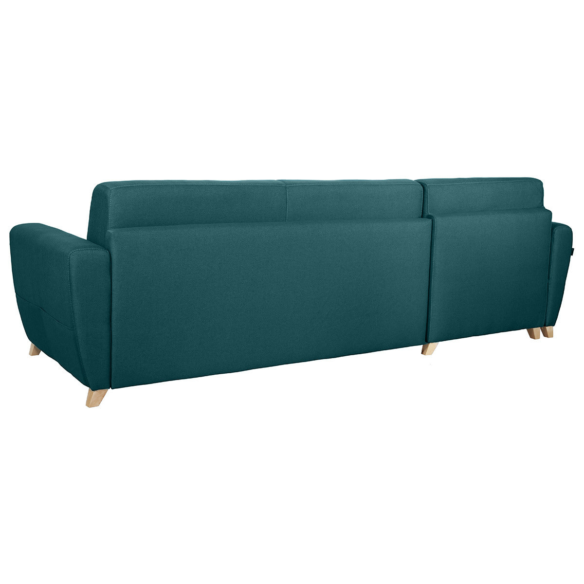 Canapé d'angle convertible réversible avec coffre 4 places en tissu bleu canard et bois clair GRAHAM