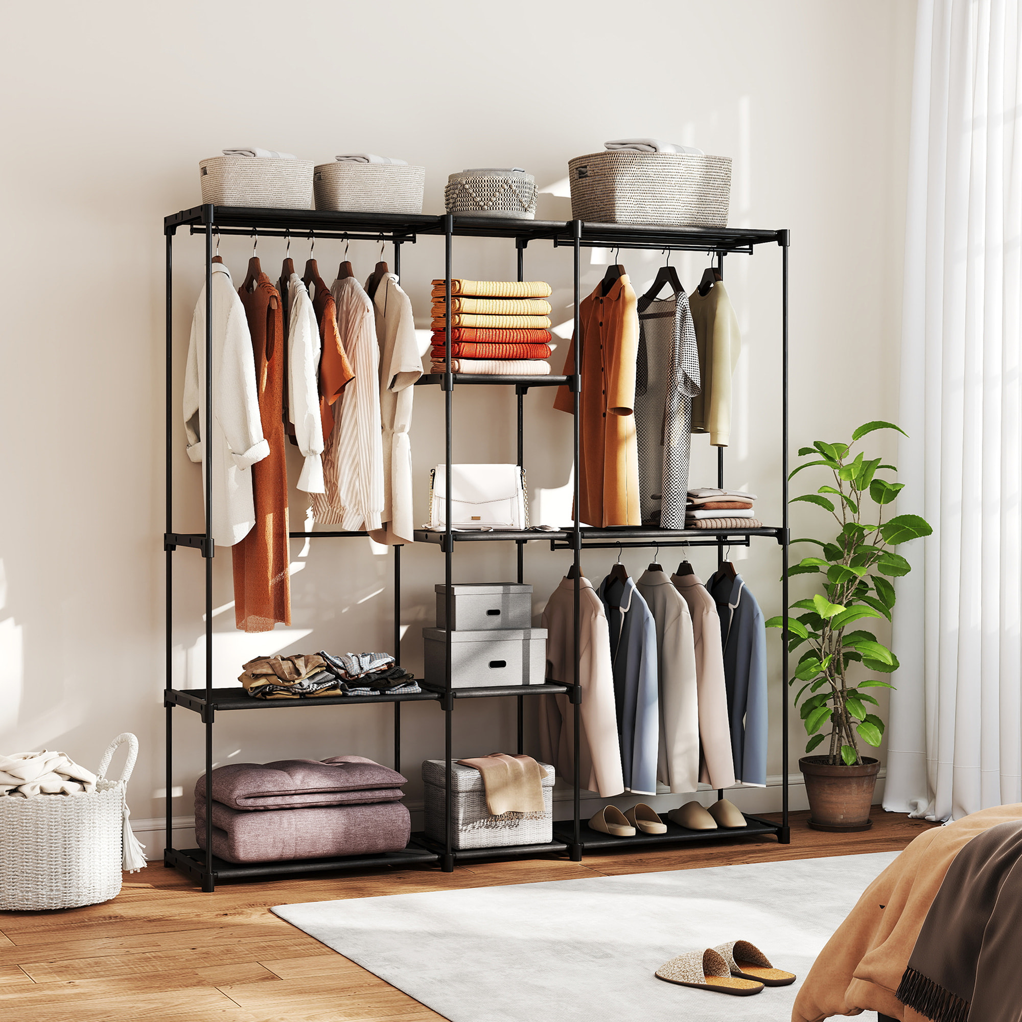 Armario de Ropa, Perchero, 182x43x185 cm, Armario Abierto con 8 Estantes de Tela, Barras para Colgar, Marco de Metal, para Dormitorio, Salón, Vestidor, Negro