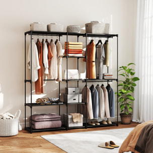 Armario de Ropa, Perchero, 182x43x185 cm, Armario Abierto con 8 Estantes de Tela, Barras para Colgar, Marco de Metal, para Dormitorio, Salón, Vestidor, Negro