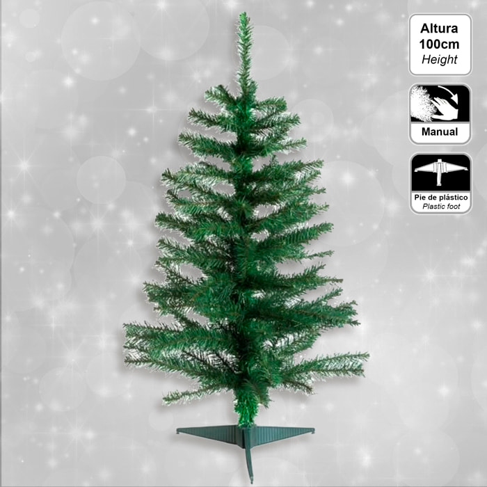 Pack decoración navidad: abeto verde 100 cm con base + lote de 12 bolas navideñas de 40 mm. diseño surtido + 2 guirnaldas espumillón plata 2 m + estr