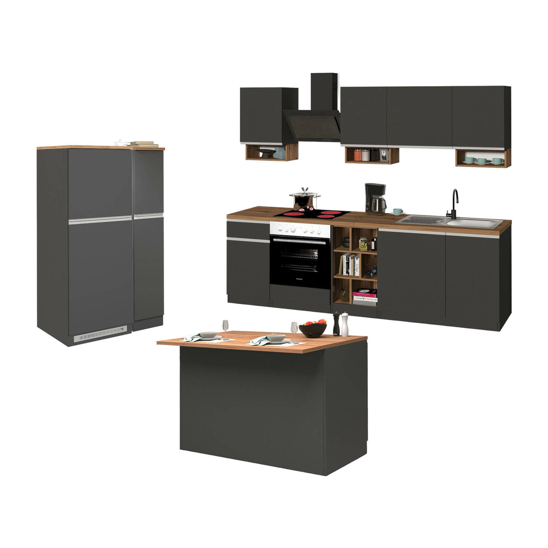 Cucina completa Danderso, Set da cucina modulabile, Cucina componibile con più elementi, 100% Made in Italy, Antracite e Rovere