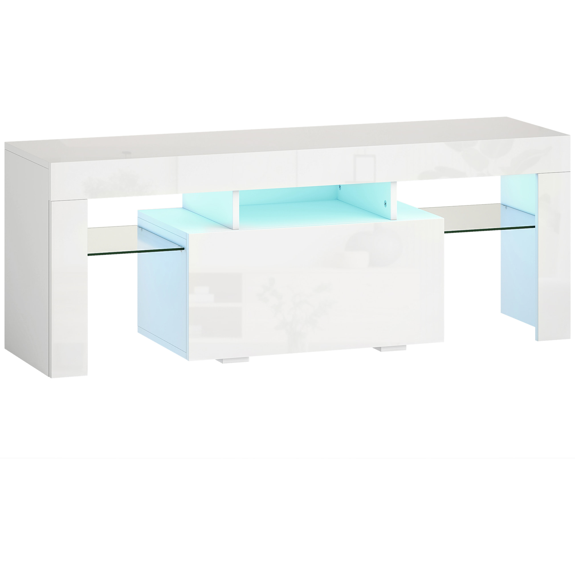 Meuble TV design blanc laqué LED réglable - 2 étagères verre trempé, niche, porte - dim. 120 x 34 x 45 cm