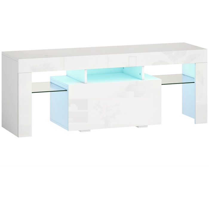 Meuble TV design blanc laqué LED réglable - 2 étagères verre trempé, niche, porte - dim. 120 x 34 x 45 cm
