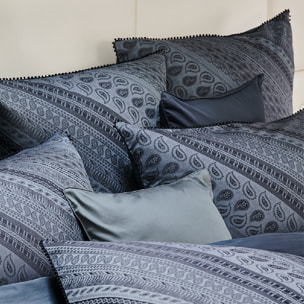 Taie d'oreiller satin de coton motif jacquard bleu gris Esmeralda zinc