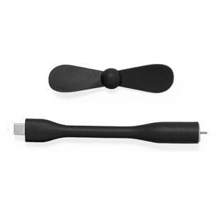 Ventilador flexible compatible con USB-C, con cuello orientable para dirigir el flujo de aire. Compacto, ligero y sin necesidad de baterías, ideal para smartphones, portátiles y baterías externas.