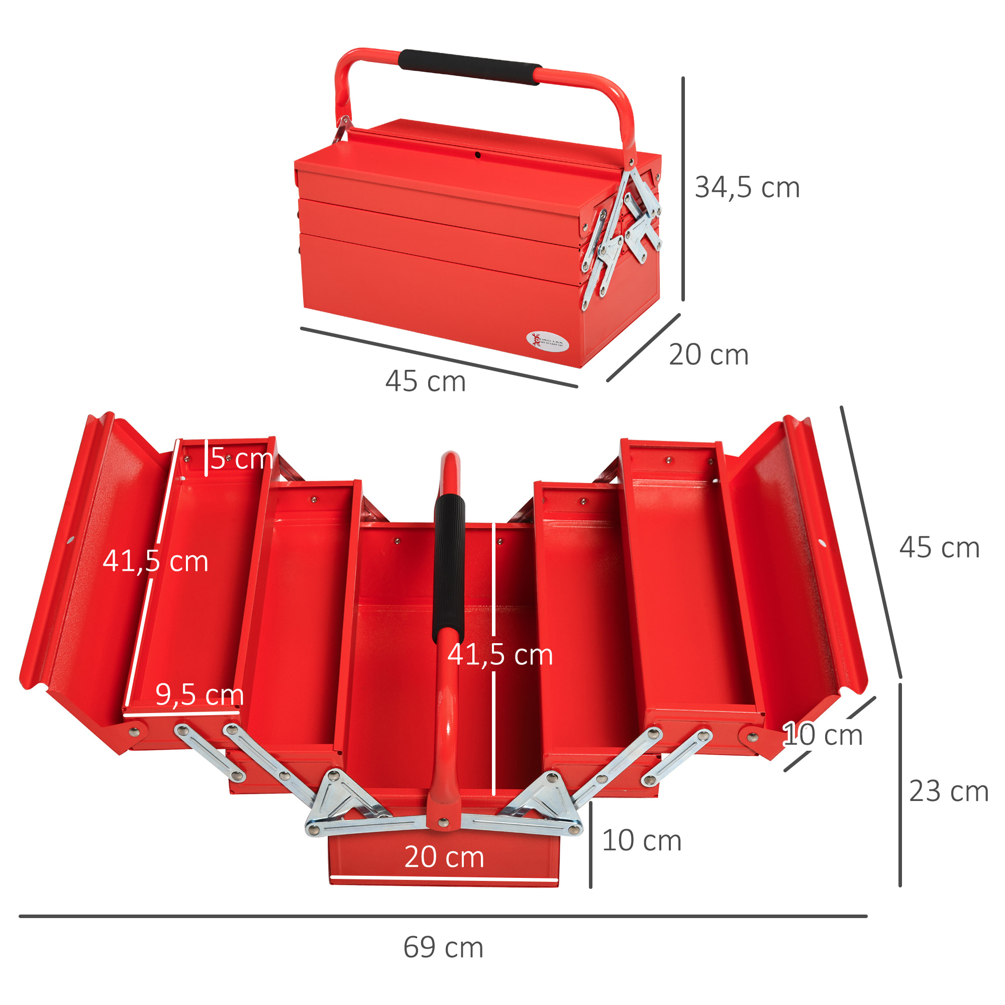 DURHAND Caja de Herramientas de Acero Plegable con 5 Compartimentos Maletín de Herramientas con Mango para Taller Hogar 45x22,5x34,5 cm Rojo