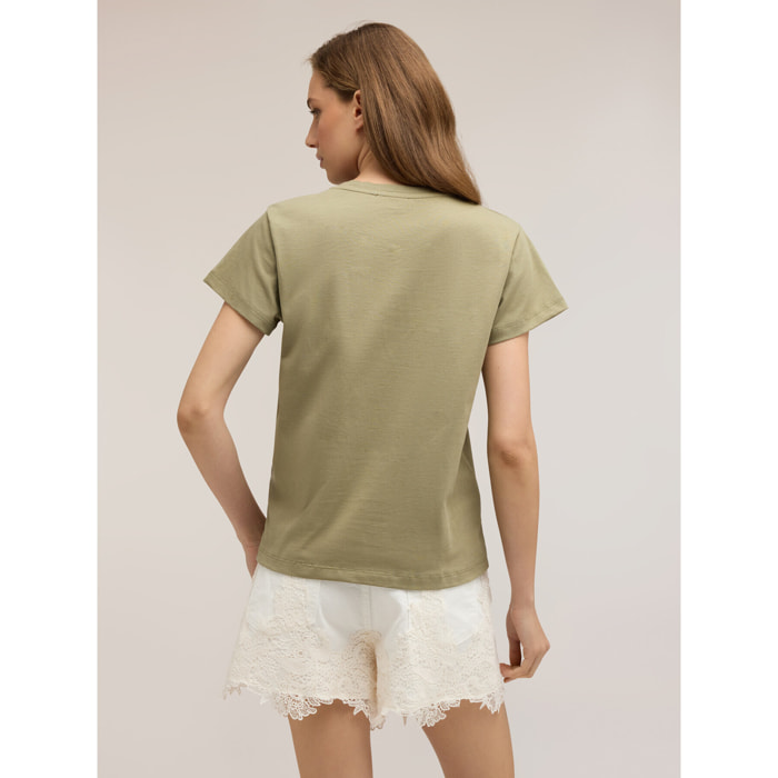 Motivi - T-shirt in jersey con scritta ricamata - Verde militare