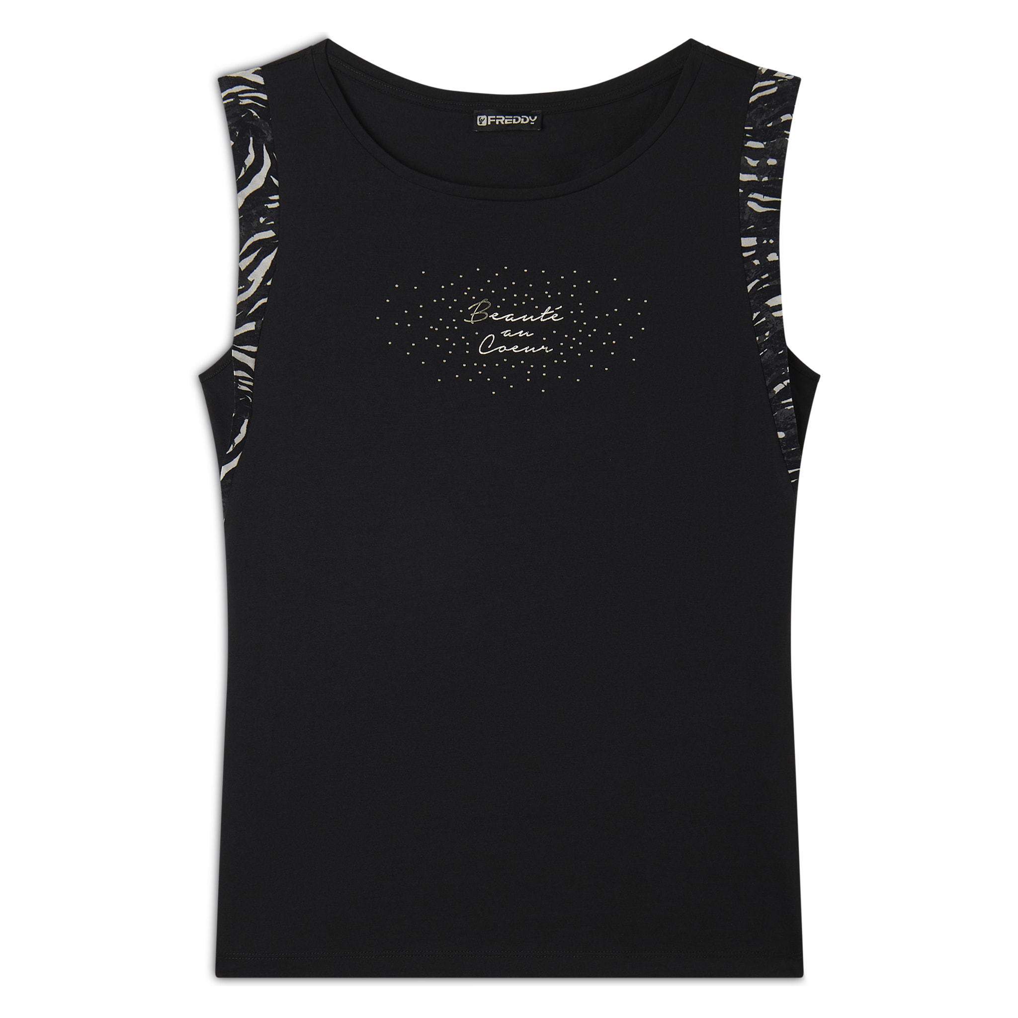 T-shirt senza maniche con dettagli dorati e animalier