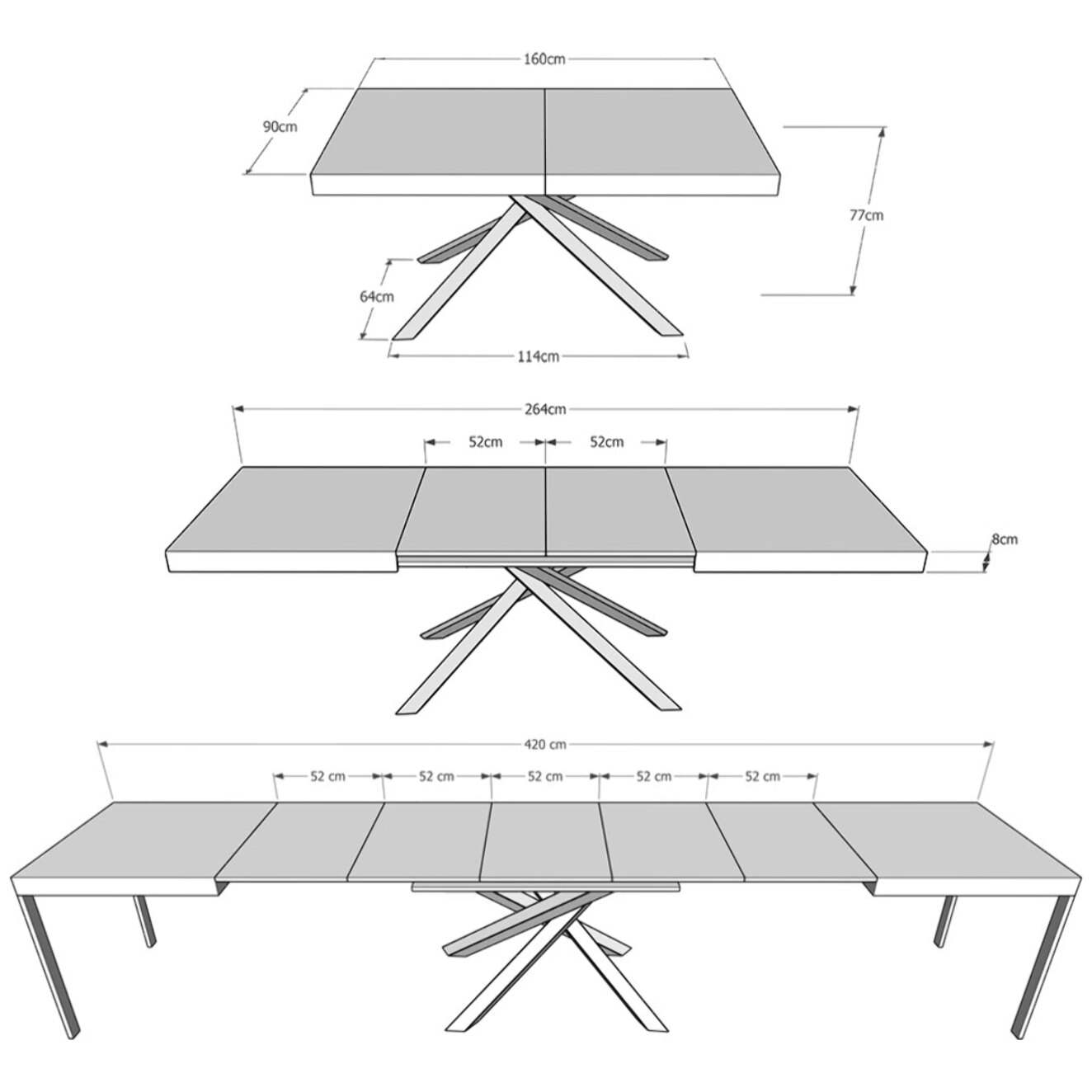 Mesa extensible 90x160/420 cm Karida fresno blanco patas antracita