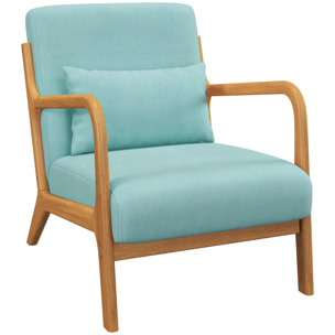 Fauteuil lounge - 3 coussins inclus - assise profonde - accoudoirs - structure bois hévéa - aspect velours turquoise