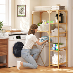 Estantería para Lavadora de Bambú, Mueble para Lavadora o Inodoro con Estantes Reversibles y Ajustables, Ahorra Espacio, Para Lavandería, Baño, Madera Natural
