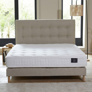 Ensemble sommier tapissier, SYMBIOSE, tête de lit capitonnée beige