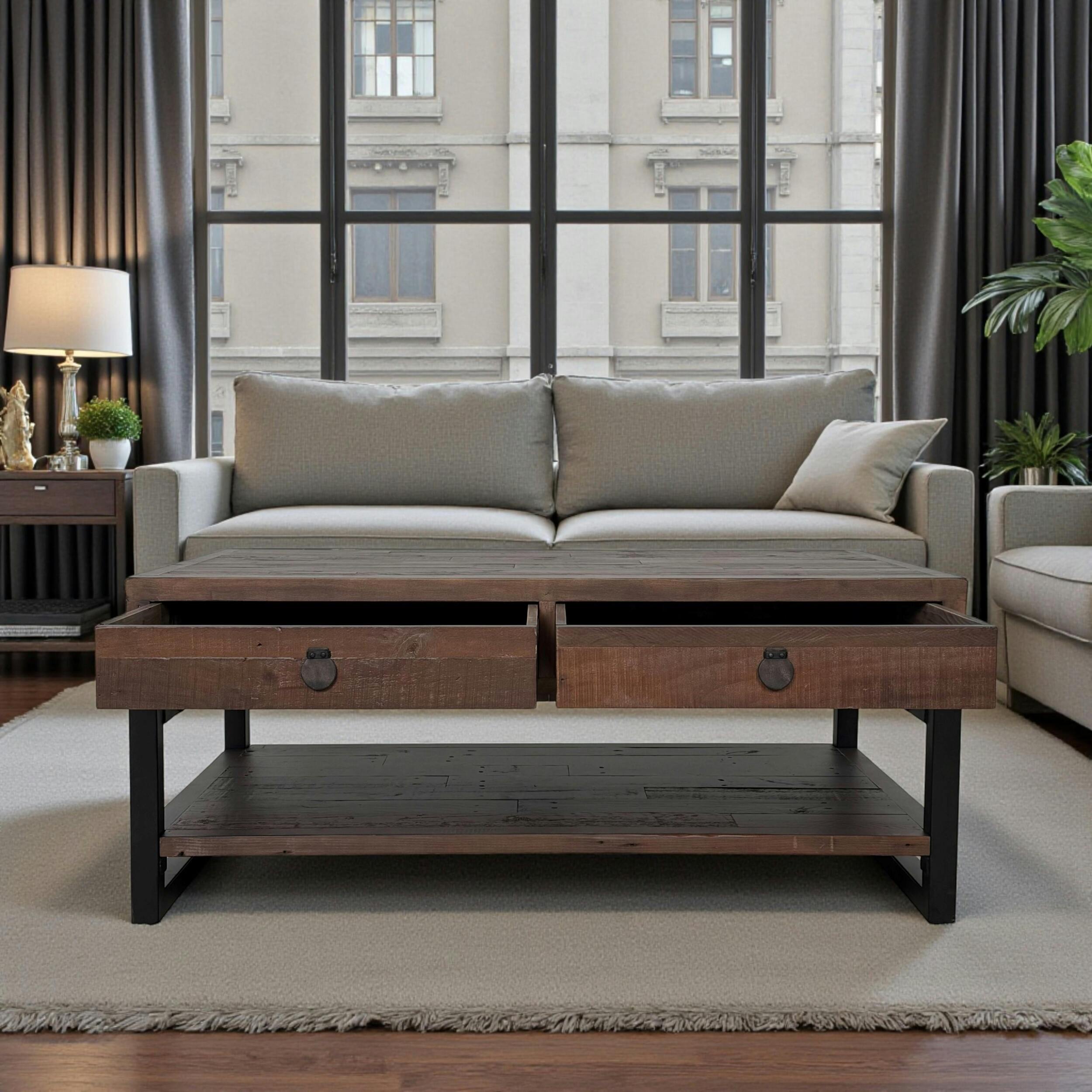 Table basse bois brun recyclé double plateau 2 tiroirs SAMOA