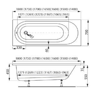 Project 170x70x45 cm baignoire rectangulaire 204 L en acrylique coulé, sans pieds, sans vidage, sans siphon, blanc (SATVAPRO170)