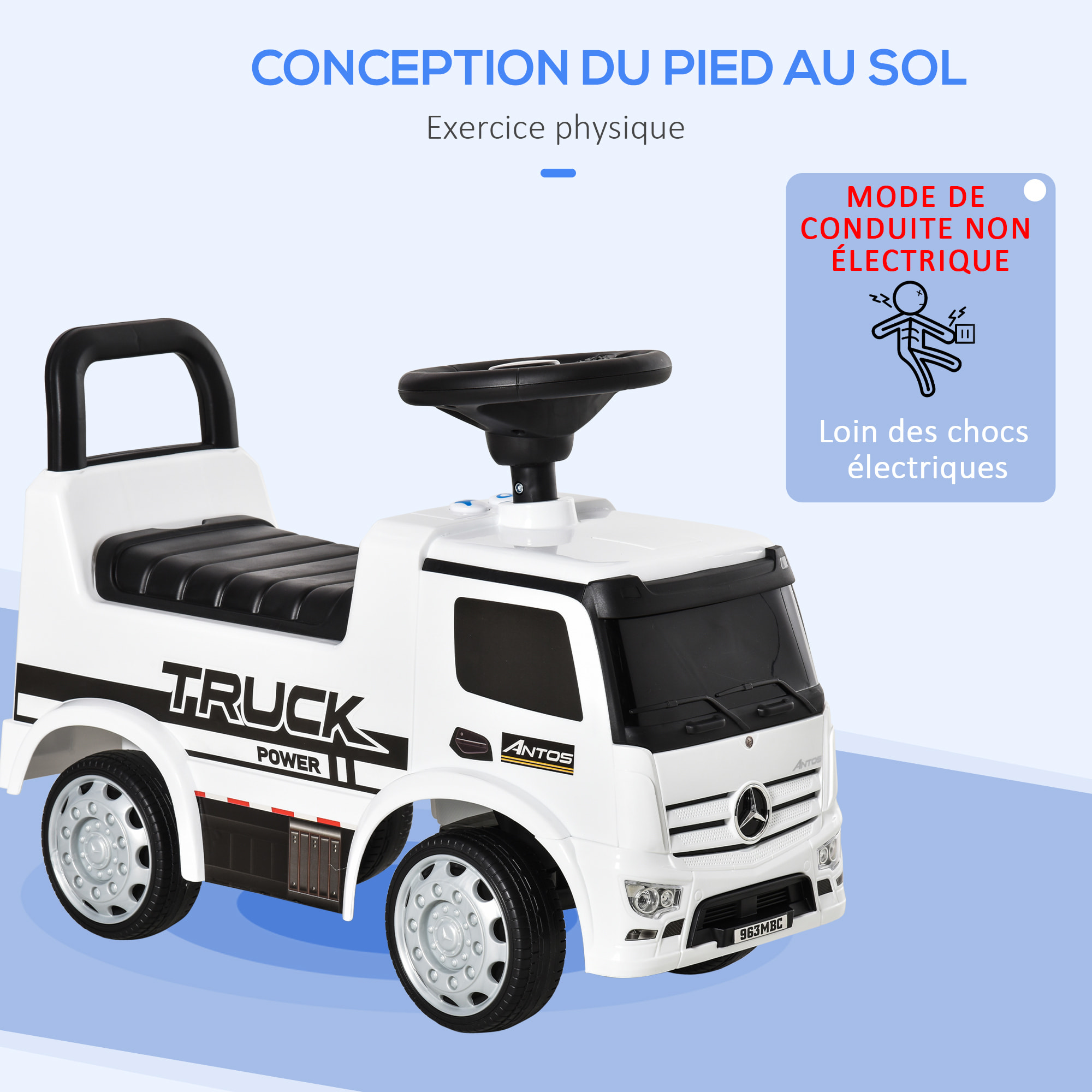 Voiture porteur enfant camion licence Mercedes-Benz Antos 12-36 mois coffre effets lumineux sonores blanc