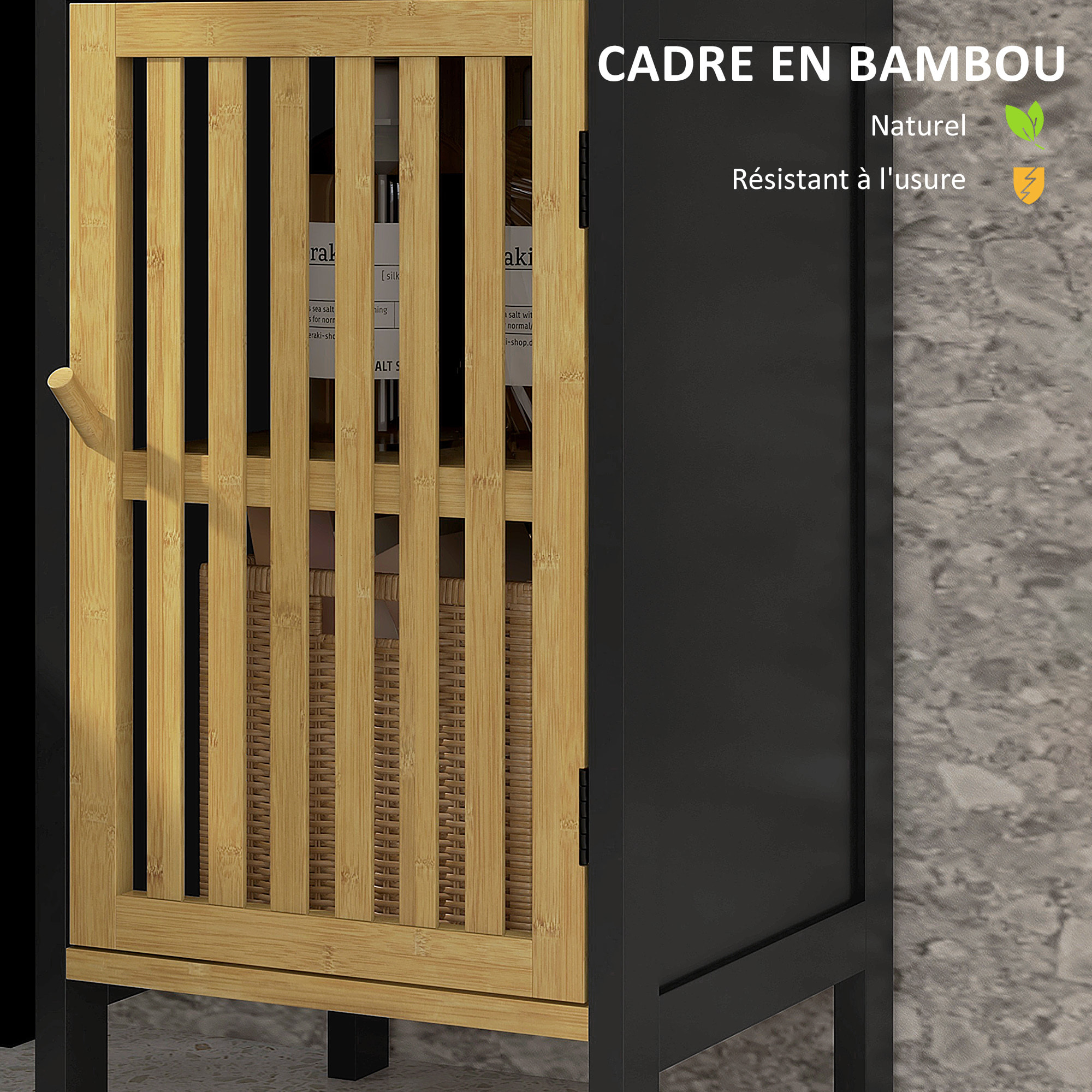 Meuble bas salle de bain - porte, 3 étagères - MDF noir bambou verni