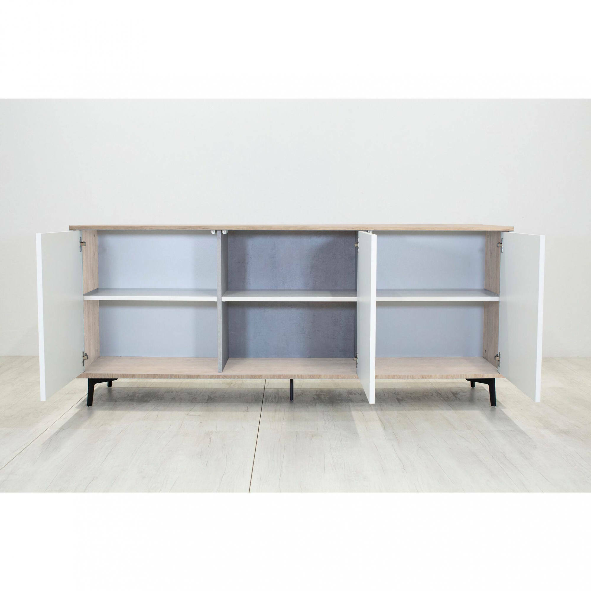 Credenza Fresia, Mobile buffet a 3 ante e 1 ripiano regolabile, Madia elegante da soggiorno, Mobile porta TV, 100% Made in Italy, Cm 184x45h77, Bianco e Rovere