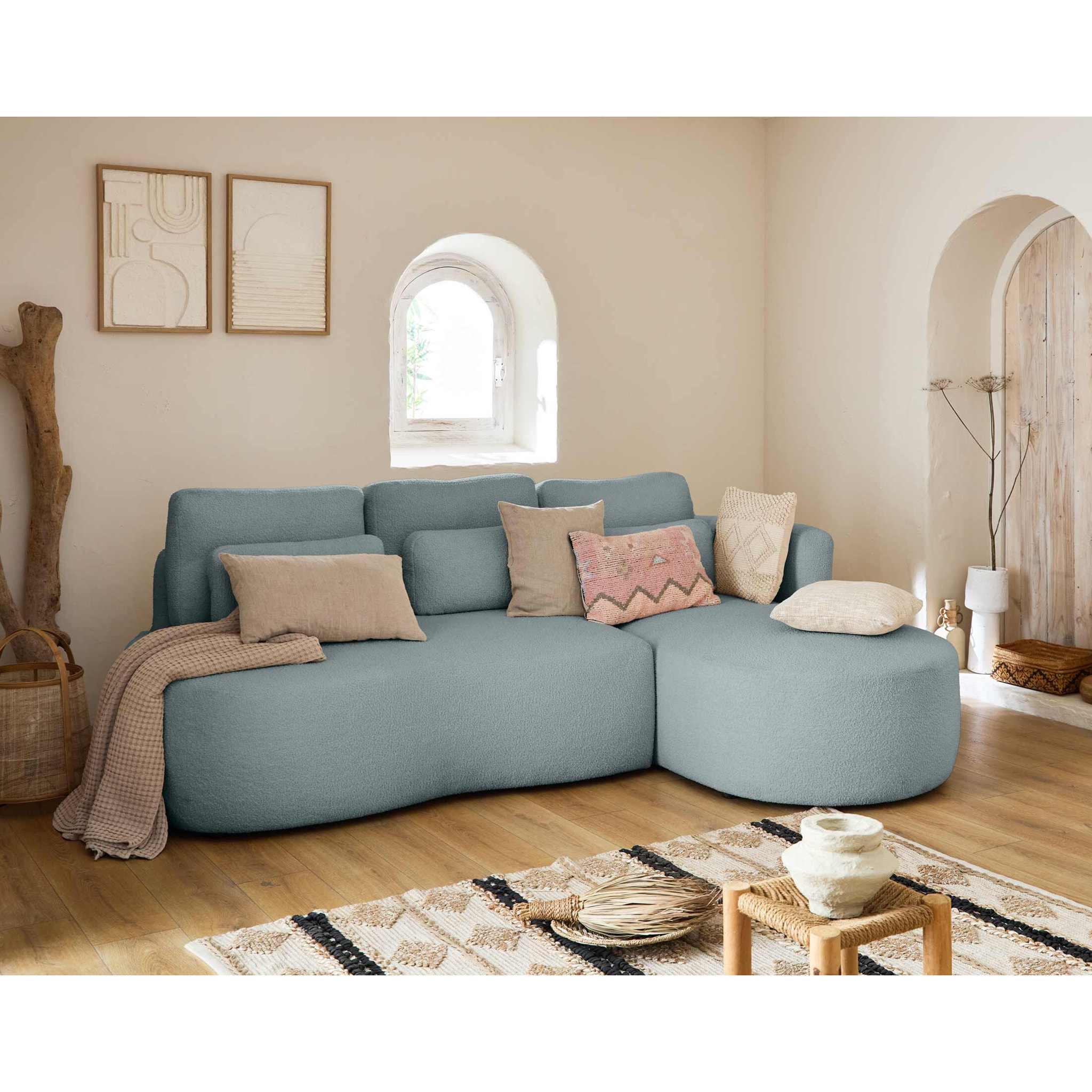 Mahina - canapé d'angle droit - 4 places - convertible avec coffre - en tissu bouclette - Bleu