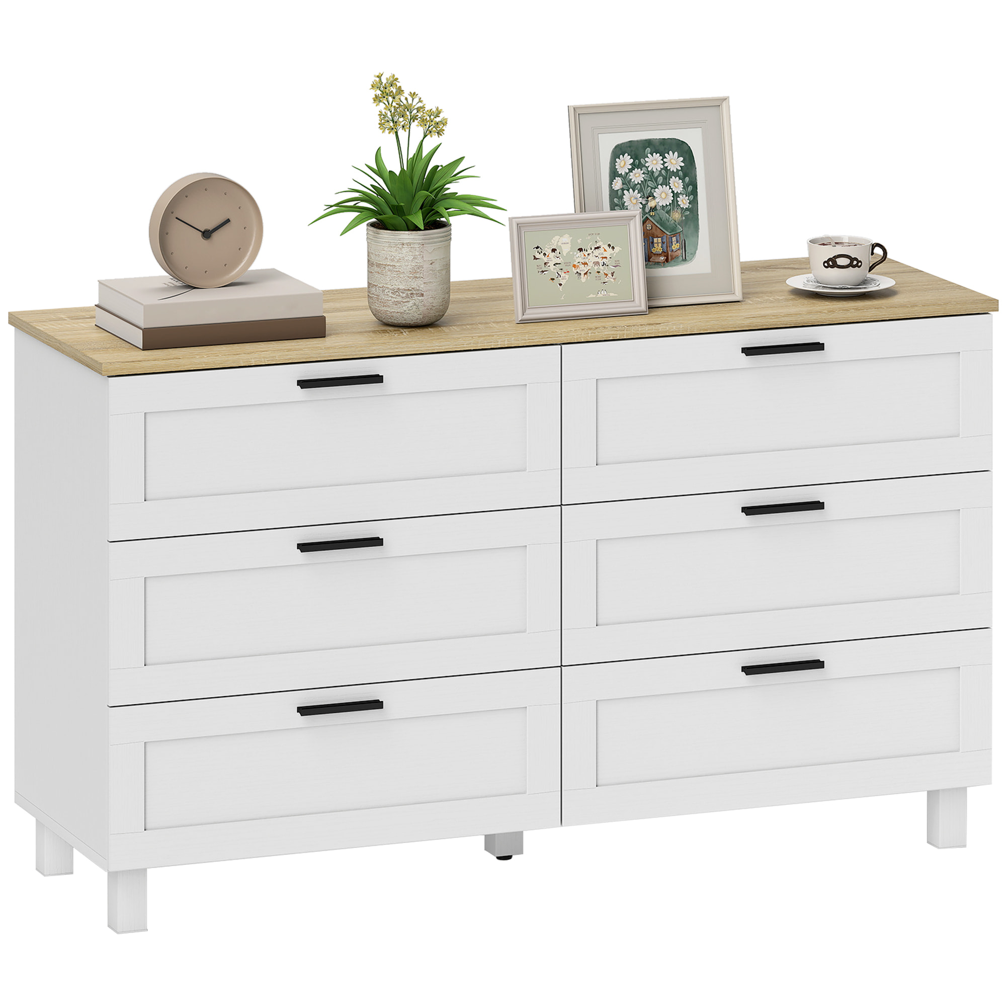 Cómoda 6 Cajones, Cómoda Dormitorio con Patas de Madera, Cajonera para Salón, Oficina, Estilo Moderno, 120x38x71 cm, Blanco