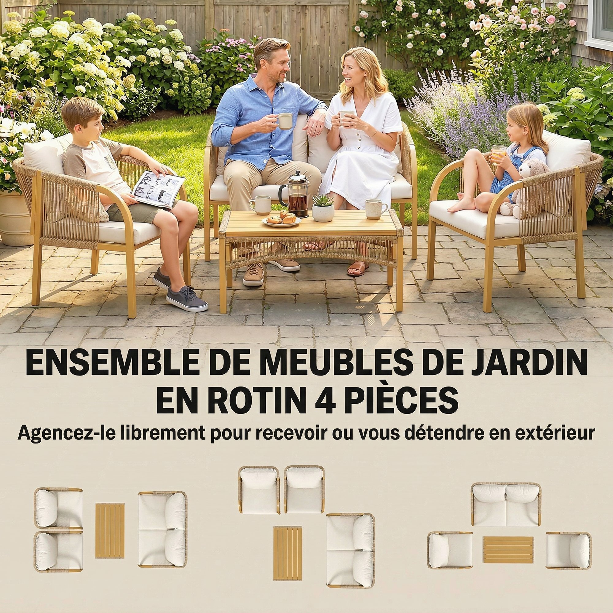 Salon de jardin colonial 4 places kaki beige