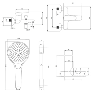 Ensemble bain douche mécanique O novo avec douchette 3 jets et support