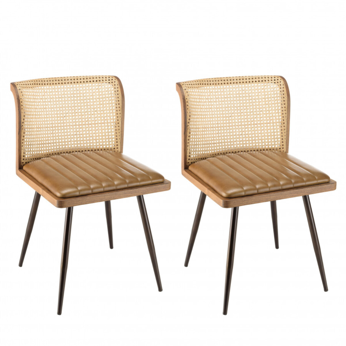 MARCEL - Lot de 2 chaises manguier assise matelassée cuir dossier rotin