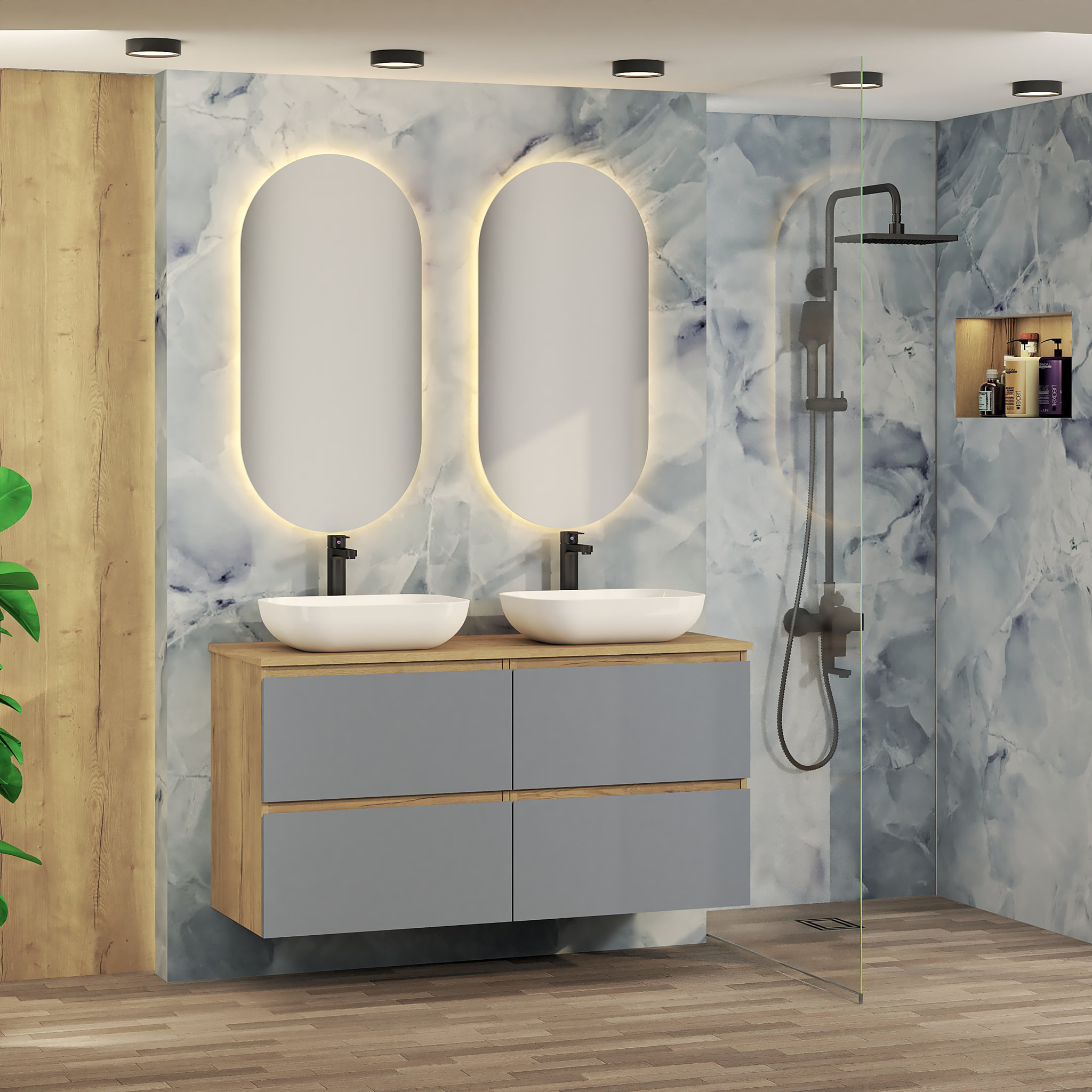 Conjunto de Baño Nia | Mueble Suspendido | 140 cm Azul | Cuatro Cajones | Lavabo sobre Encimera | No incluye Espejo | Mueble Montado| Alday