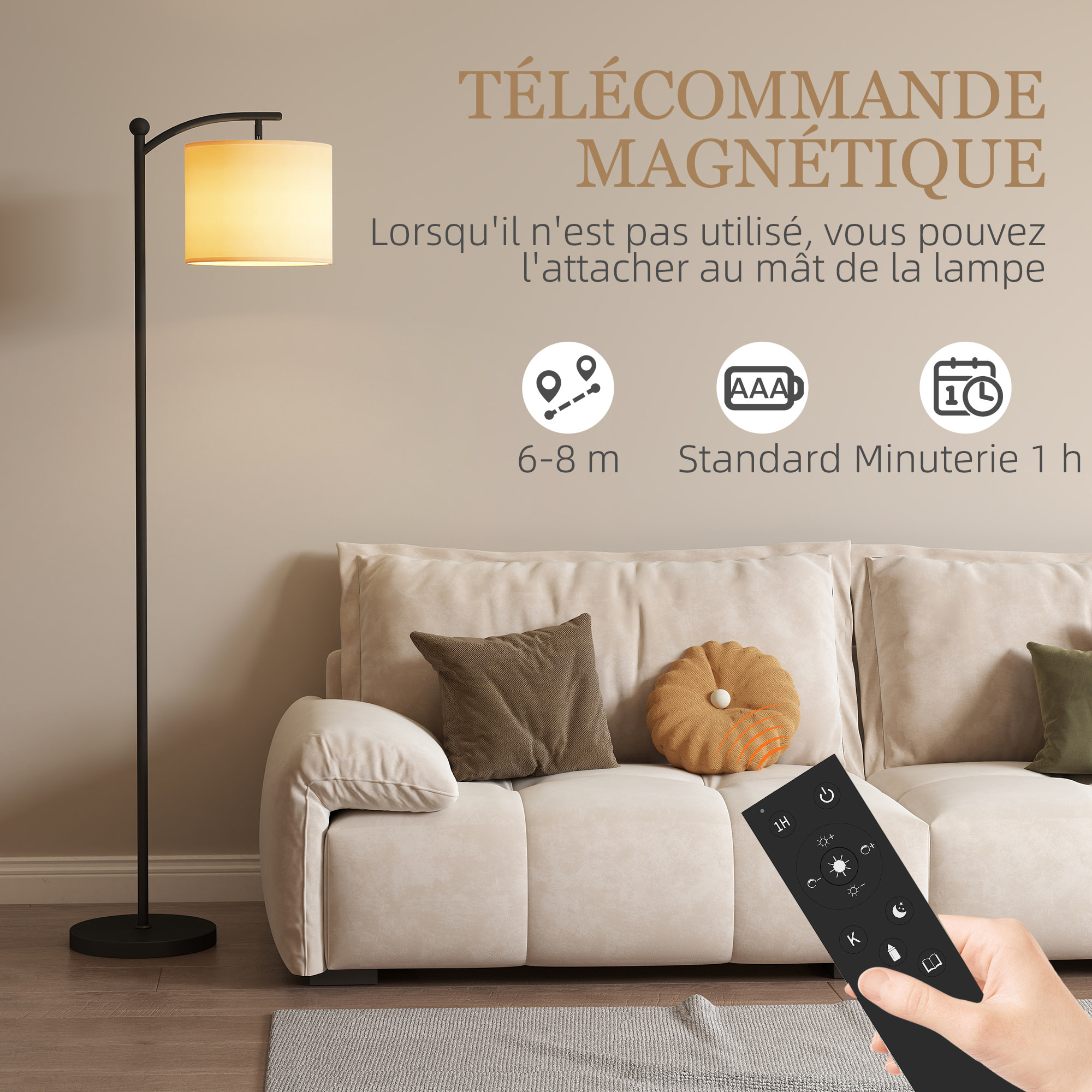 Lampadaire dimmable H.60 cm 2 températures de couleur timer 60 min télécommande noir blanc