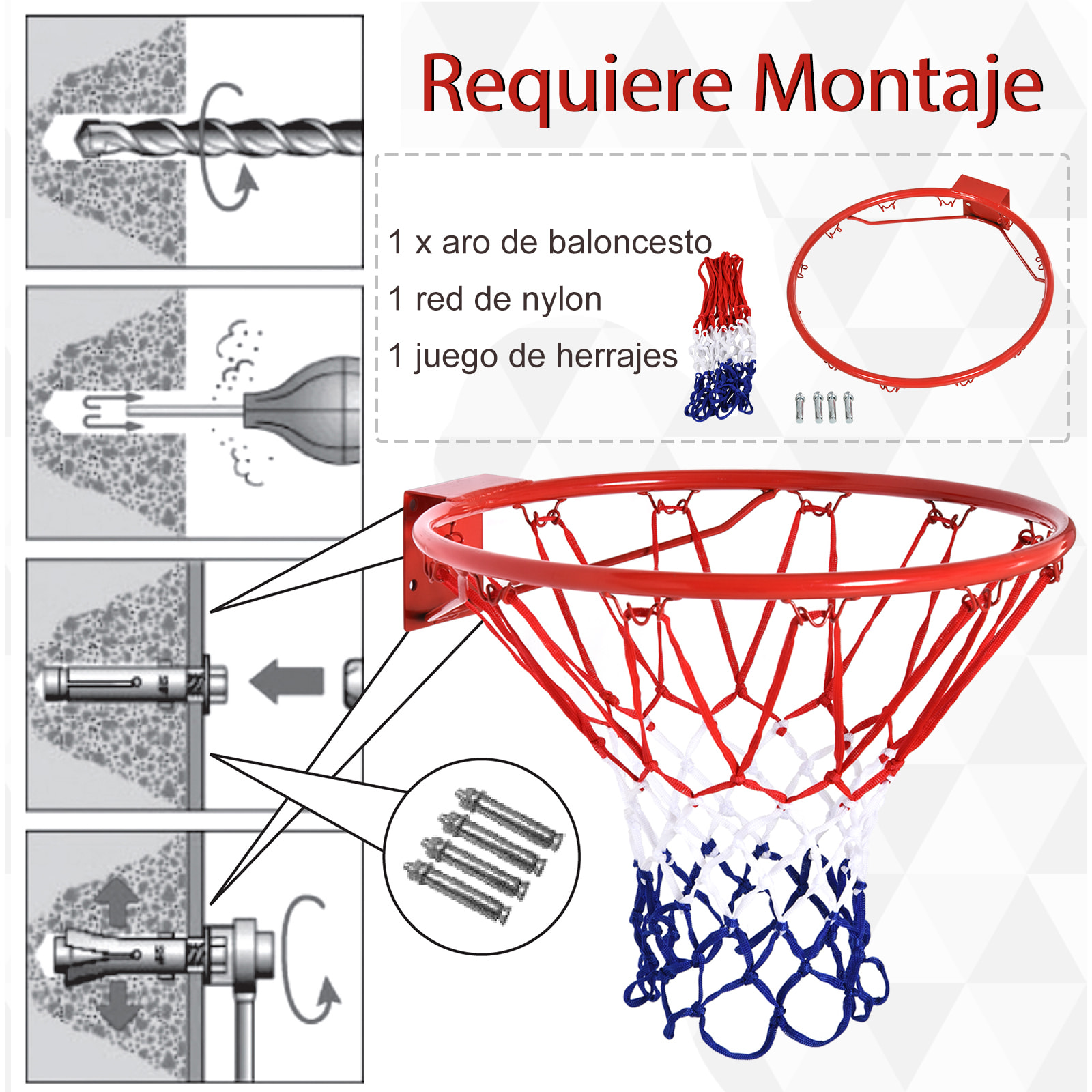 Canasta de Baloncesto de Pared Ø46 cm Aro de Baloncesto con Red de Baloncesto Marco Metálico y 12 Ganchos para Interior y Exterior Rojo