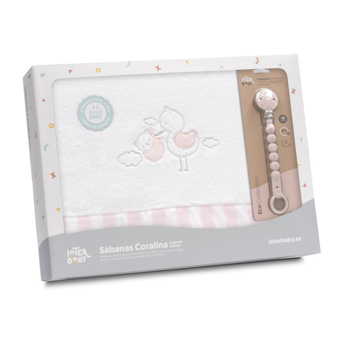 Triptico Cuna Coralina Cigueña Oso + Broche Bco/Rosa