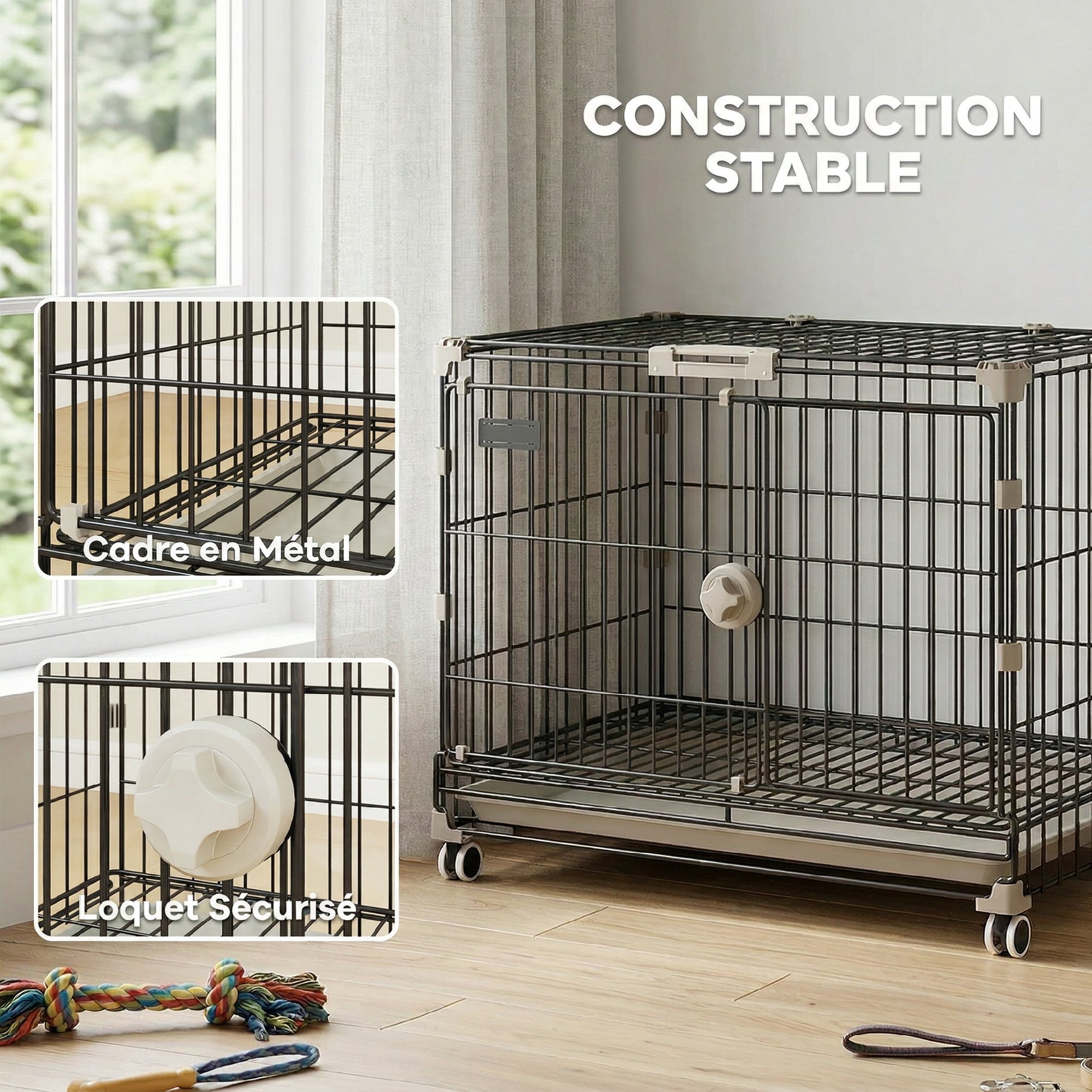 Cage pour Chien Pliable, Plateau Amovible, Roues avec Freins, Toit Ouvrant Verrouillable, Porte de Nourrissage, Niche Chien Interieur pour Petits et Moyens Chiens, 60,5x45,5x54,5cm, Noir