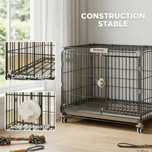 Cage pour Chien Pliable, Plateau Amovible, Roues avec Freins, Toit Ouvrant Verrouillable, Porte de Nourrissage, Niche Chien Interieur pour Petits et Moyens Chiens, 60,5x45,5x54,5cm, Noir