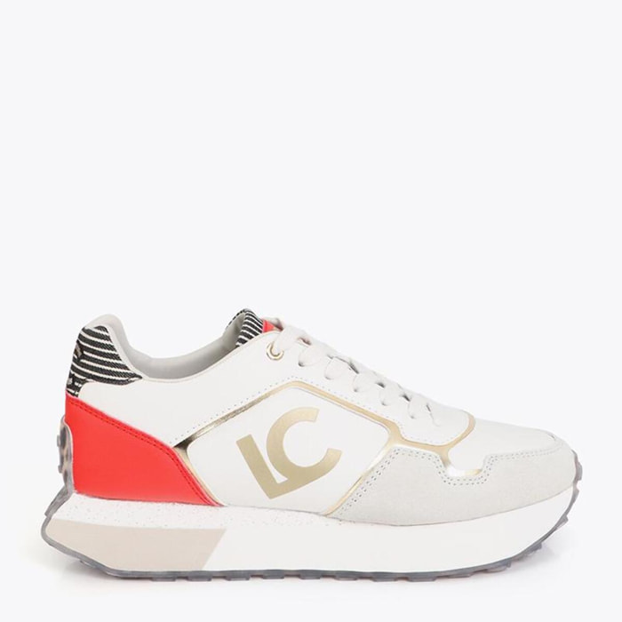 Scarpa sportiva con plateau tricolore in tessuti abbinati e dettagli in pelle