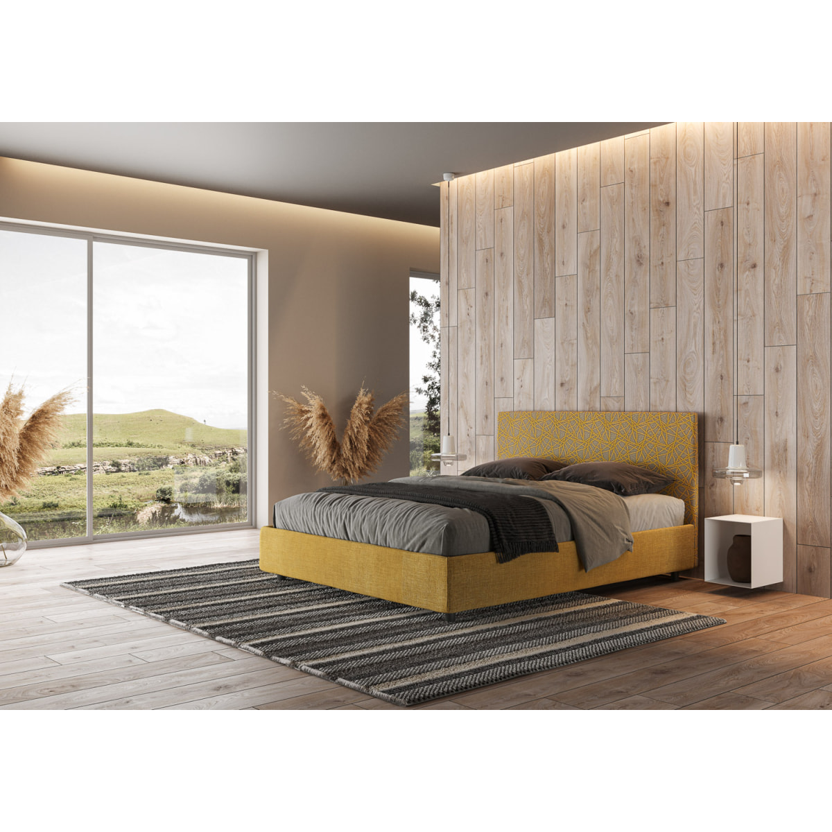 Letto matrimoniale senza rete imbottito 160x200 tessuto Era 06 giallo Arla