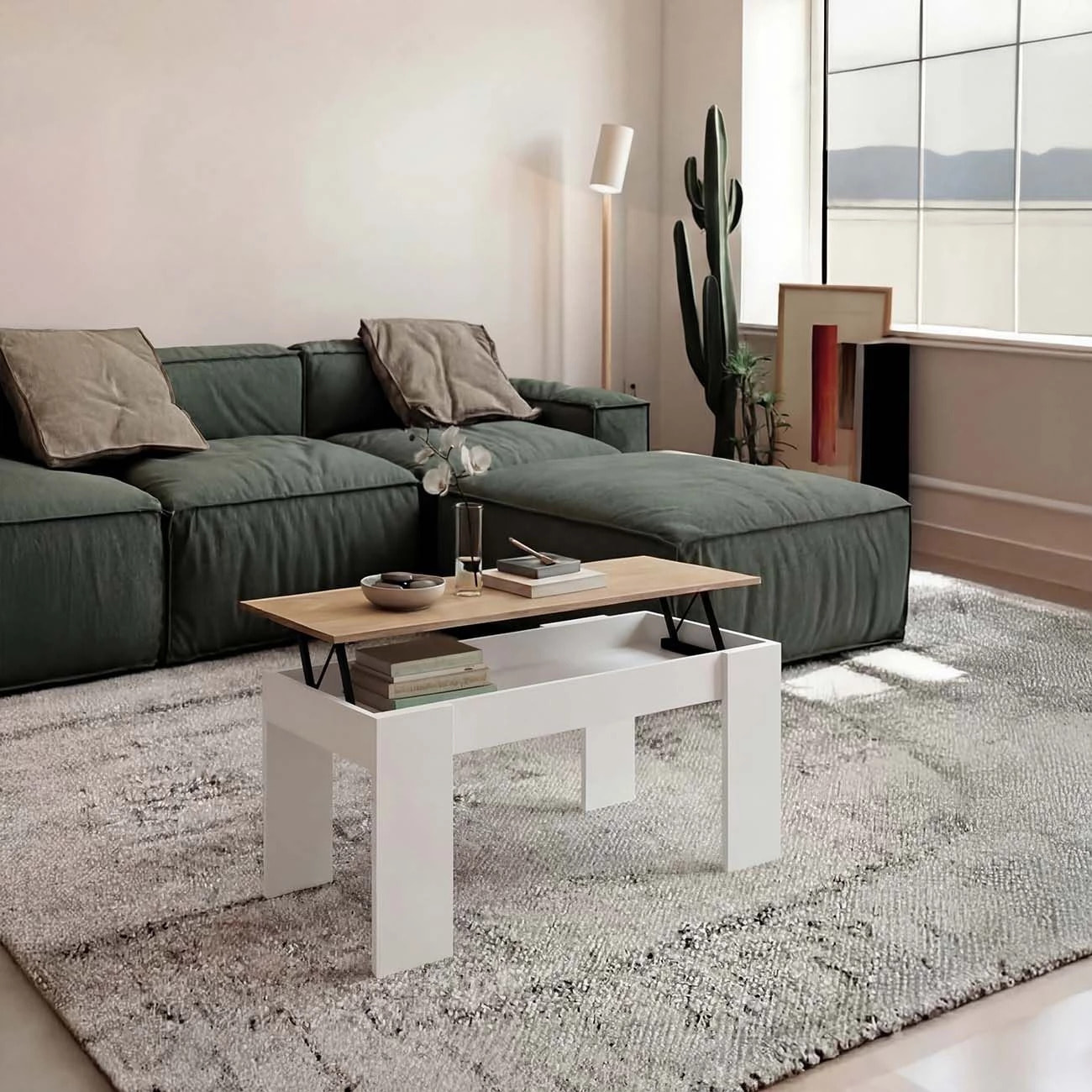 Mesa de centro elevable en blanco artik y roble canadian Norak Blanco Artik (Blanco Mate) - Roble Canadian