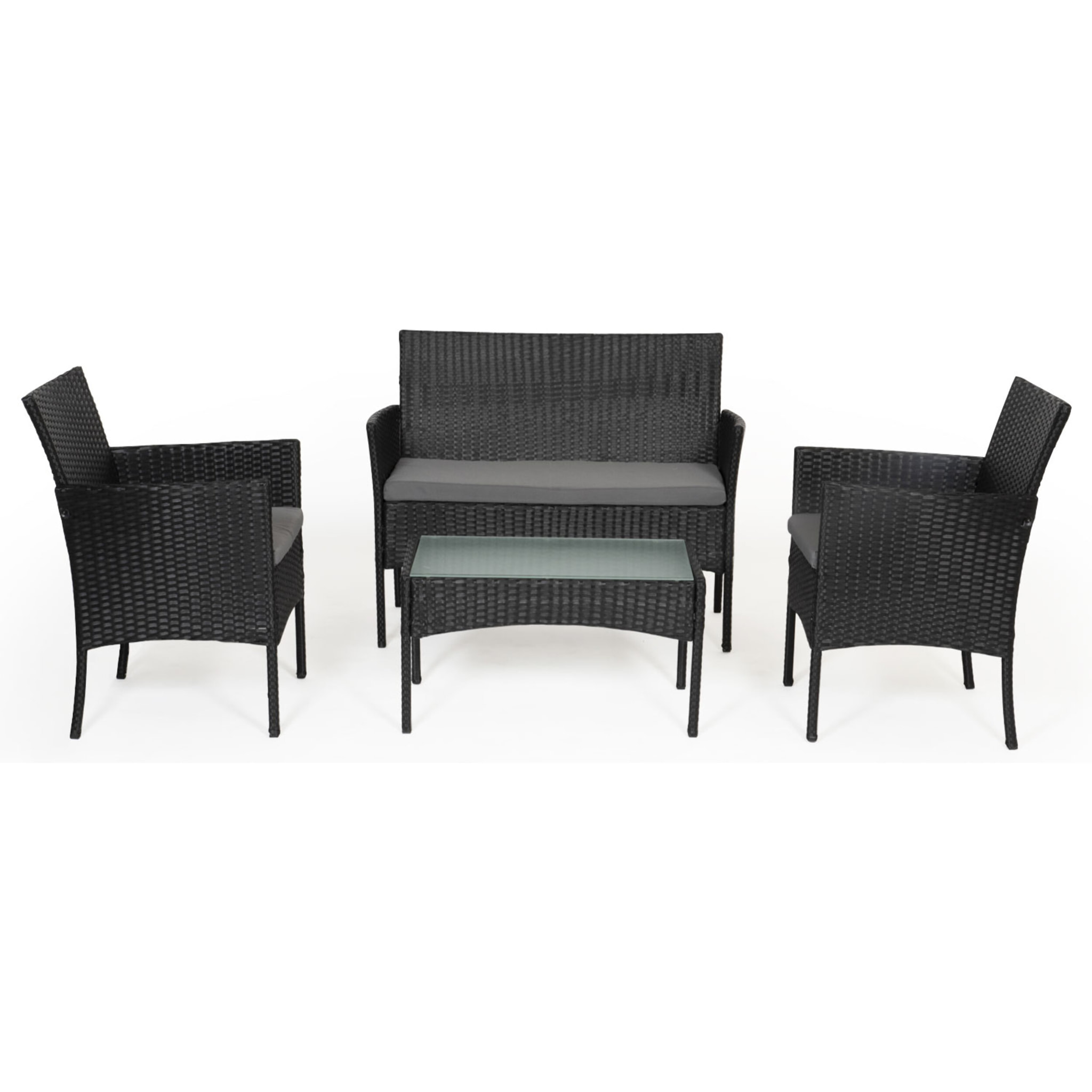 Salon de jardin CORDOUE en résine tressée noire 4 places - coussins gris