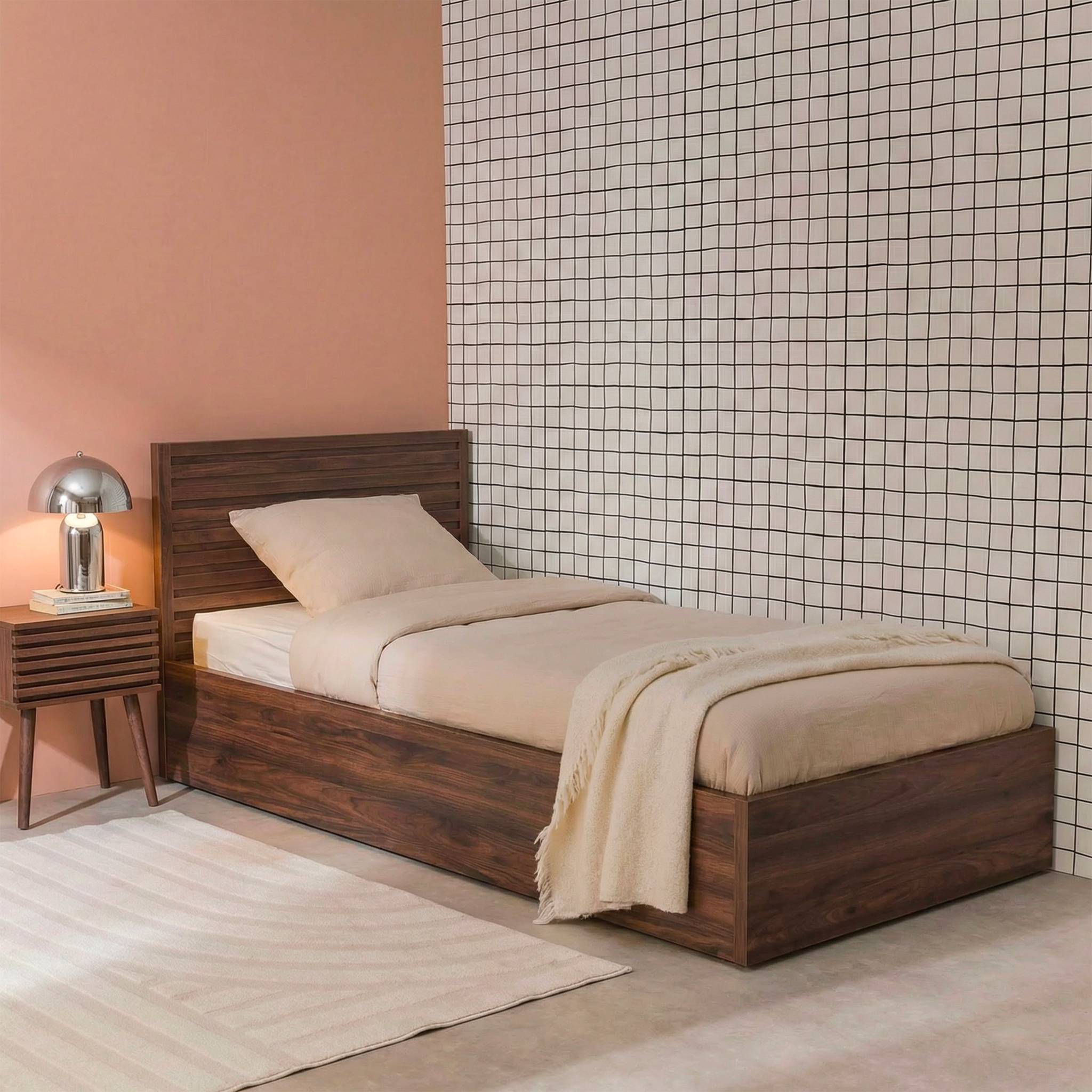 Lit coffre sommier à lattes et tête de lit 90x190cm décor bois MADERE