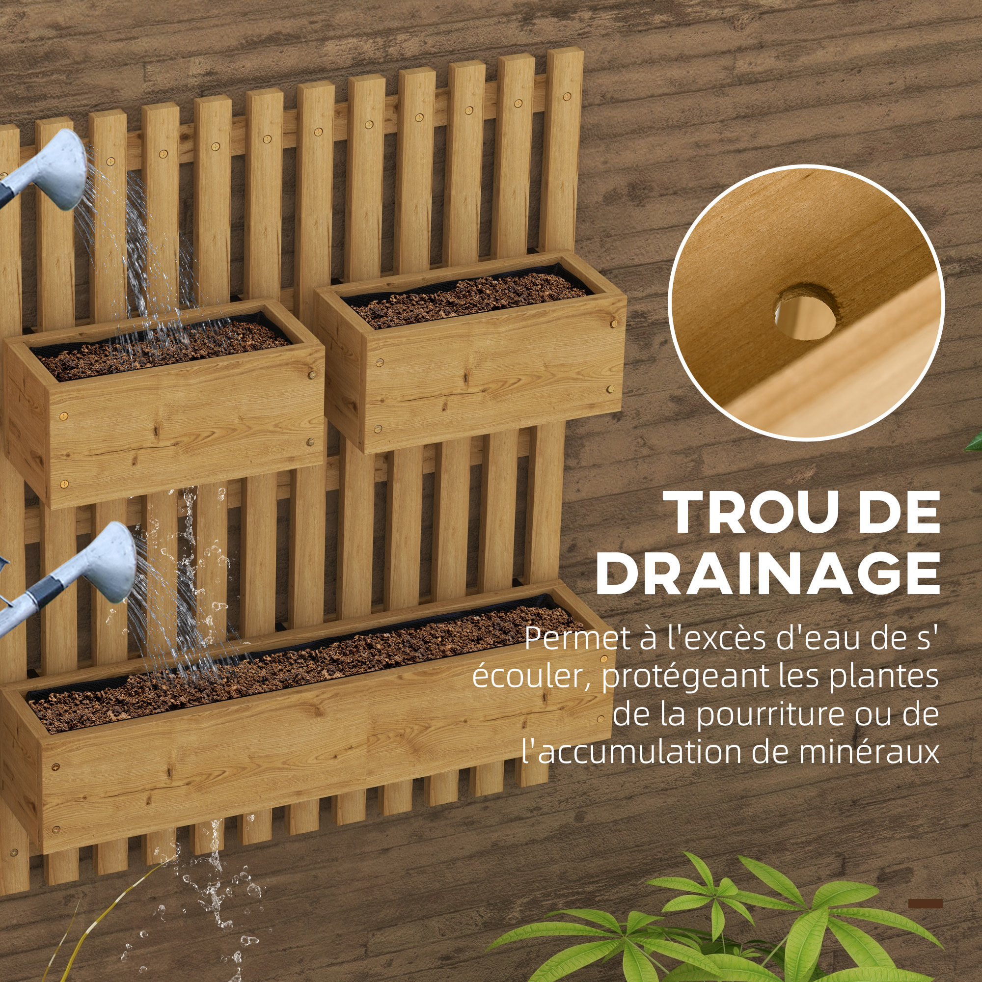 Jardinière murale avec treillis - lot de 3 jardinières murales - dim. 60L x 16l x 80H cm - bois sapin carbonisé