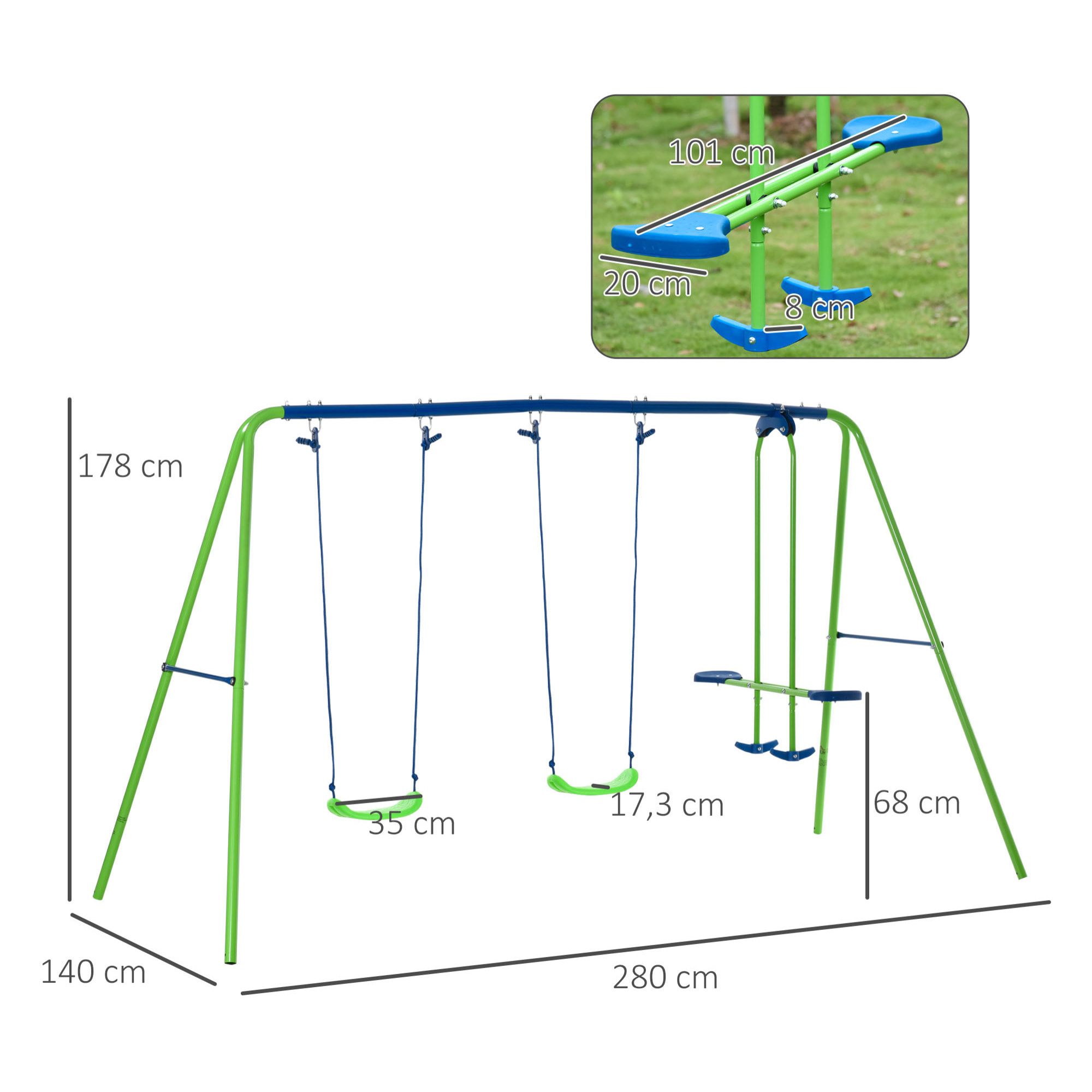Balançoire 3 agrès portique avec 2 balançoires et face à face dim. 2,8L x 1,4l x 1,78H m métal époxy anticorrosion PE vert bleu